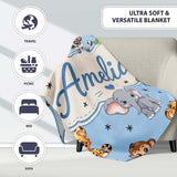 Cute Jungle Baby Animals Lion Tiger Elephant Giraffe Sky Blue Lovely  Personalised Custom Name Super Soft Fleece Blanket Bed Sofa Throw