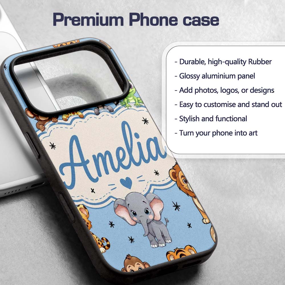 Cute Jungle Baby Animals Lion Tiger Elephant Custom Name Protective Phone Case Mobile Cover Durable Everyday Smartphone Shock Resistant