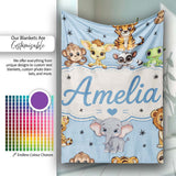 Cute Jungle Baby Animals Lion Tiger Elephant Giraffe Sky Blue Lovely  Personalised Custom Name Super Soft Fleece Blanket Bed Sofa Throw
