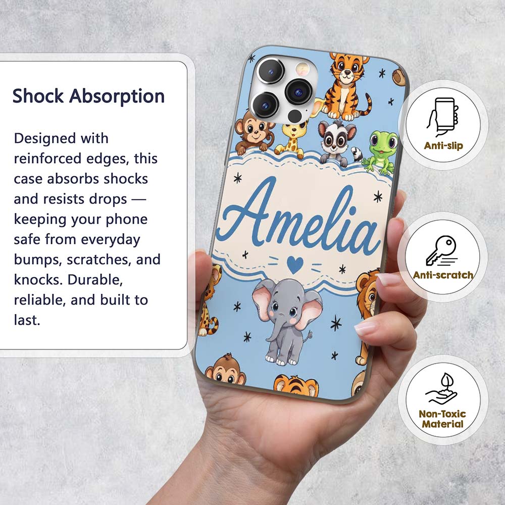 Cute Jungle Baby Animals Lion Tiger Elephant Custom Name Protective Phone Case Mobile Cover Durable Everyday Smartphone Shock Resistant