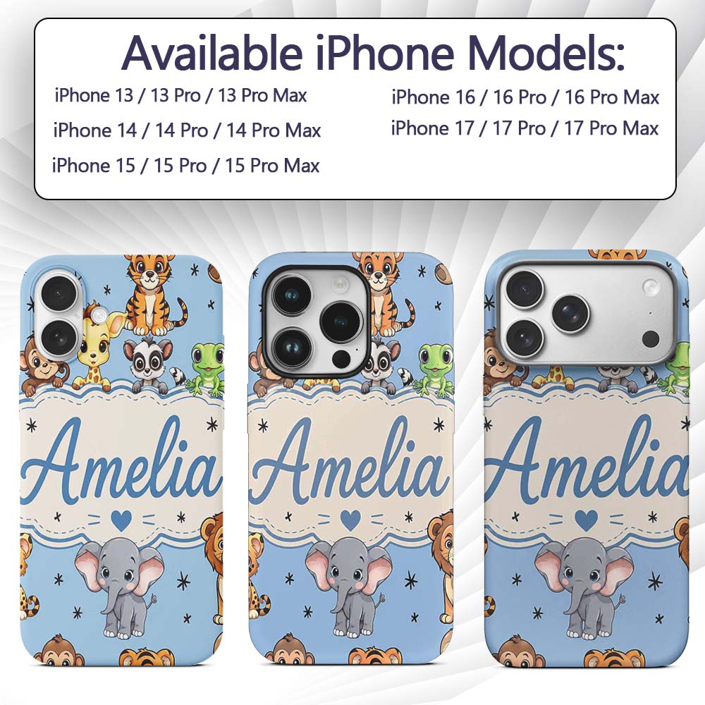 Cute Jungle Baby Animals Lion Tiger Elephant Custom Name Protective Phone Case Mobile Cover Durable Everyday Smartphone Shock Resistant