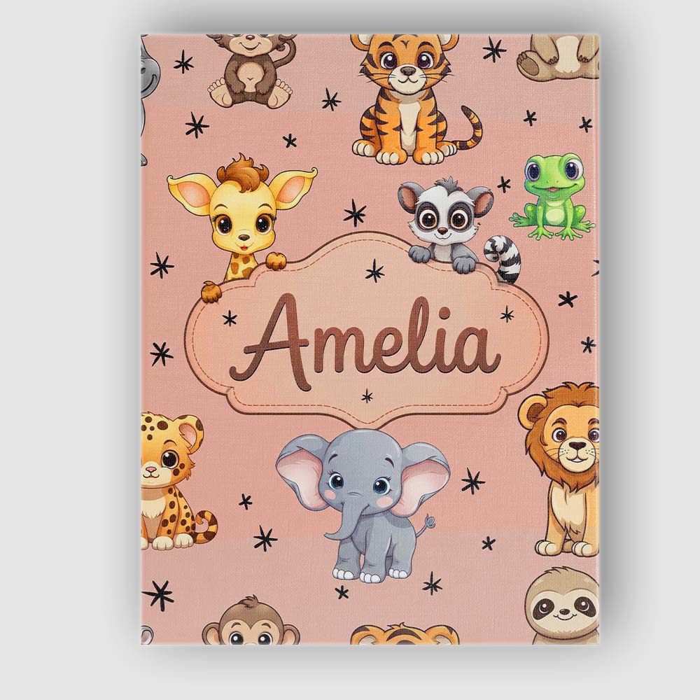 Personalised Name Cute Jungle Baby Animals Custom  Unique Gift Idea Elegant Feature Canvas Wall Art Print Decor Picture Ready to Hang