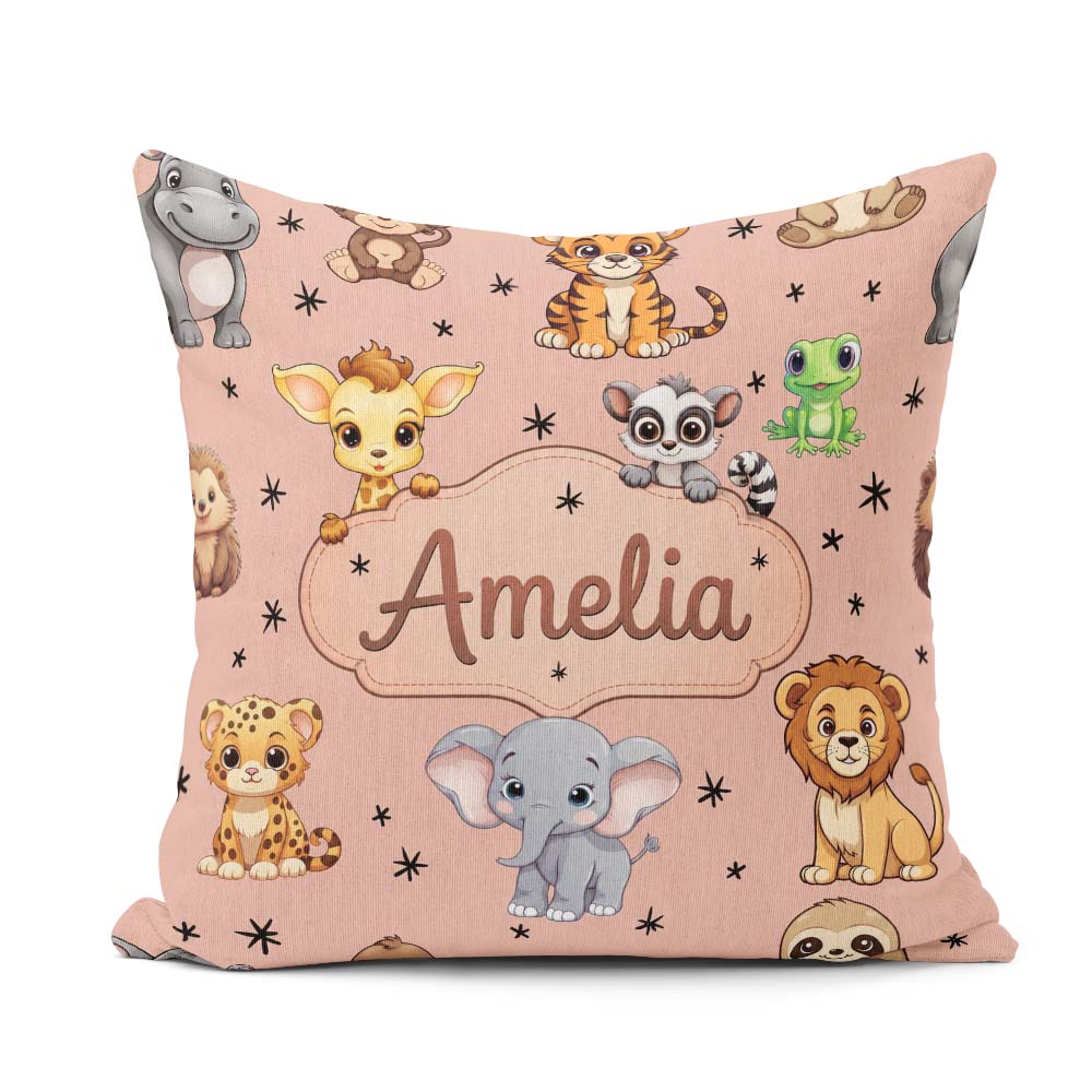 Custom Name Jungle Baby Animals Lion Tiger Giraffe Pattern Peach Square Filled Cushion Throw Pillow Sofa Bed Home Decor Zip Washable UK Made