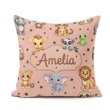 Custom Name Jungle Baby Animals Lion Tiger Giraffe Pattern Peach Square Filled Cushion Throw Pillow Sofa Bed Home Decor Zip Washable UK Made
