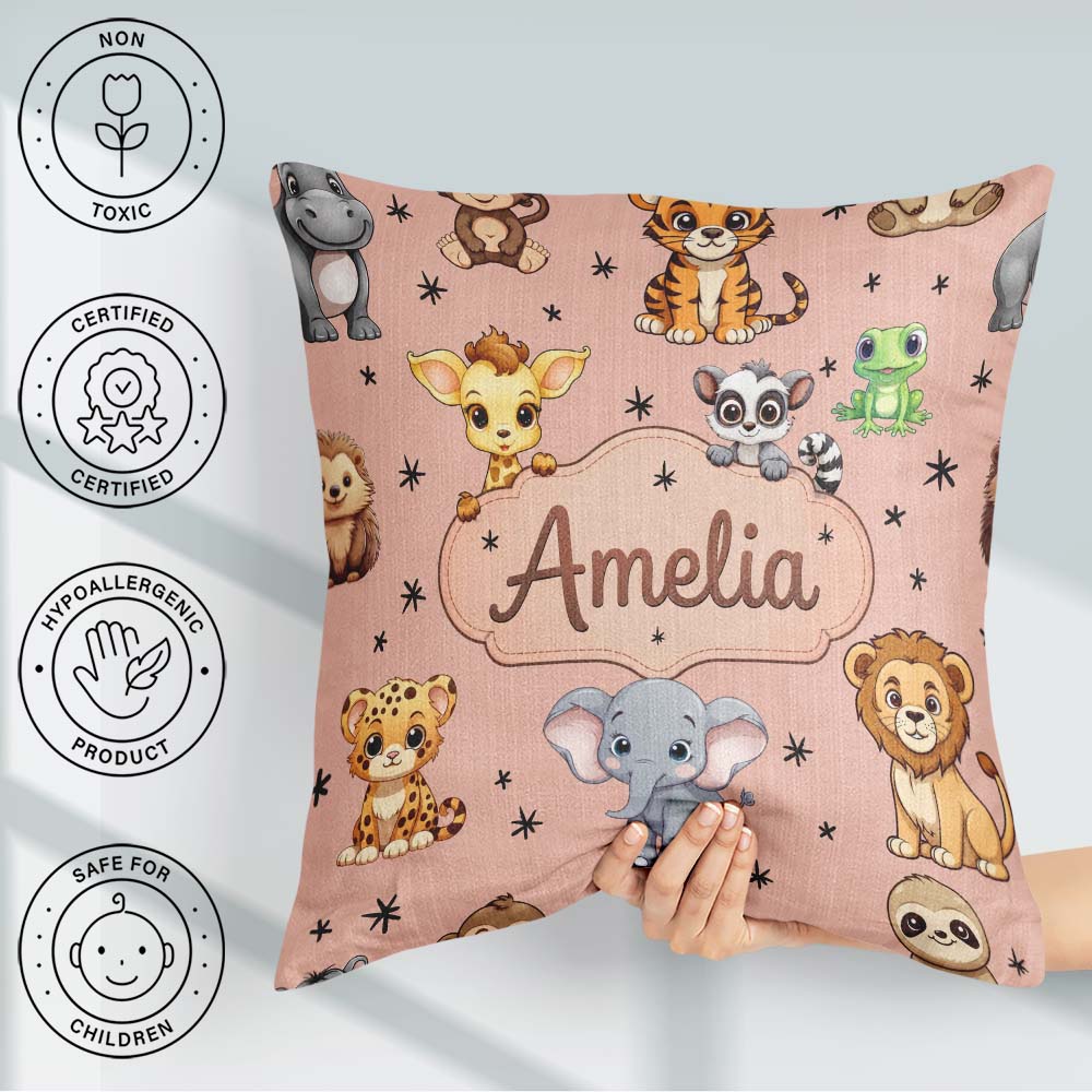 Custom Name Jungle Baby Animals Lion Tiger Giraffe Pattern Peach Square Filled Cushion Throw Pillow Sofa Bed Home Decor Zip Washable UK Made