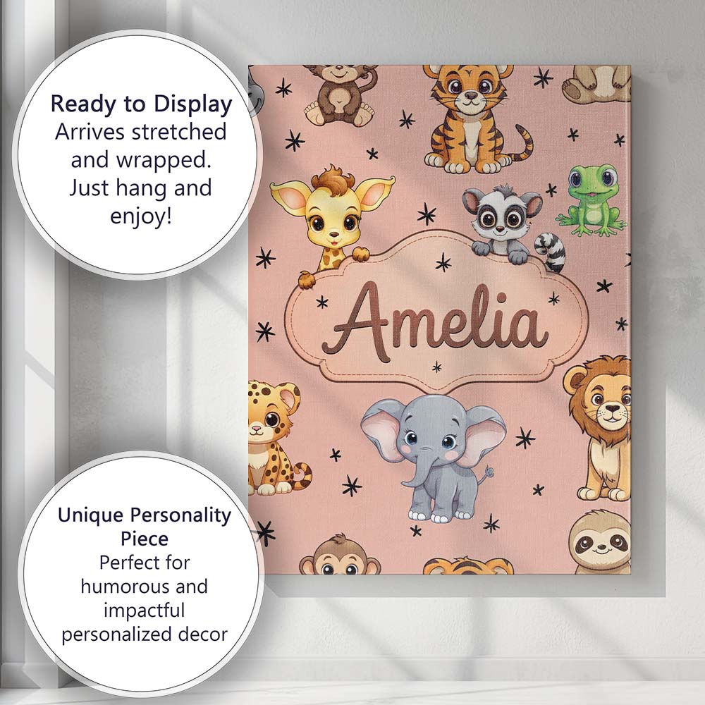 Personalised Name Cute Jungle Baby Animals Custom  Unique Gift Idea Elegant Feature Canvas Wall Art Print Decor Picture Ready to Hang