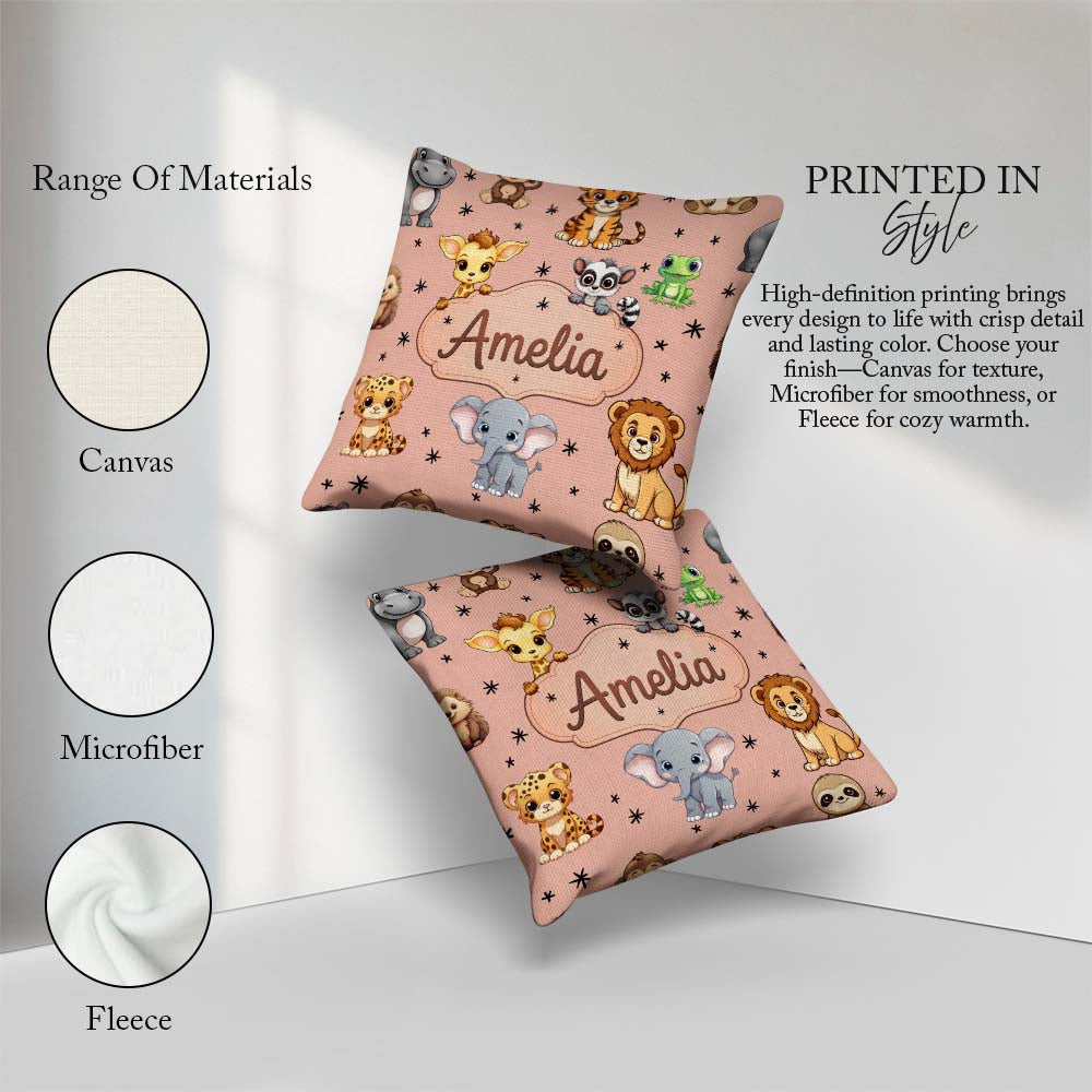 Custom Name Jungle Baby Animals Lion Tiger Giraffe Pattern Peach Square Filled Cushion Throw Pillow Sofa Bed Home Decor Zip Washable UK Made