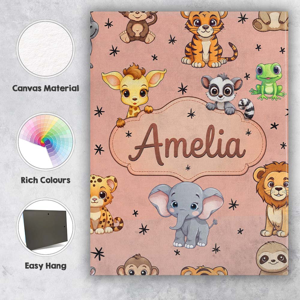 Personalised Name Cute Jungle Baby Animals Custom  Unique Gift Idea Elegant Feature Canvas Wall Art Print Decor Picture Ready to Hang
