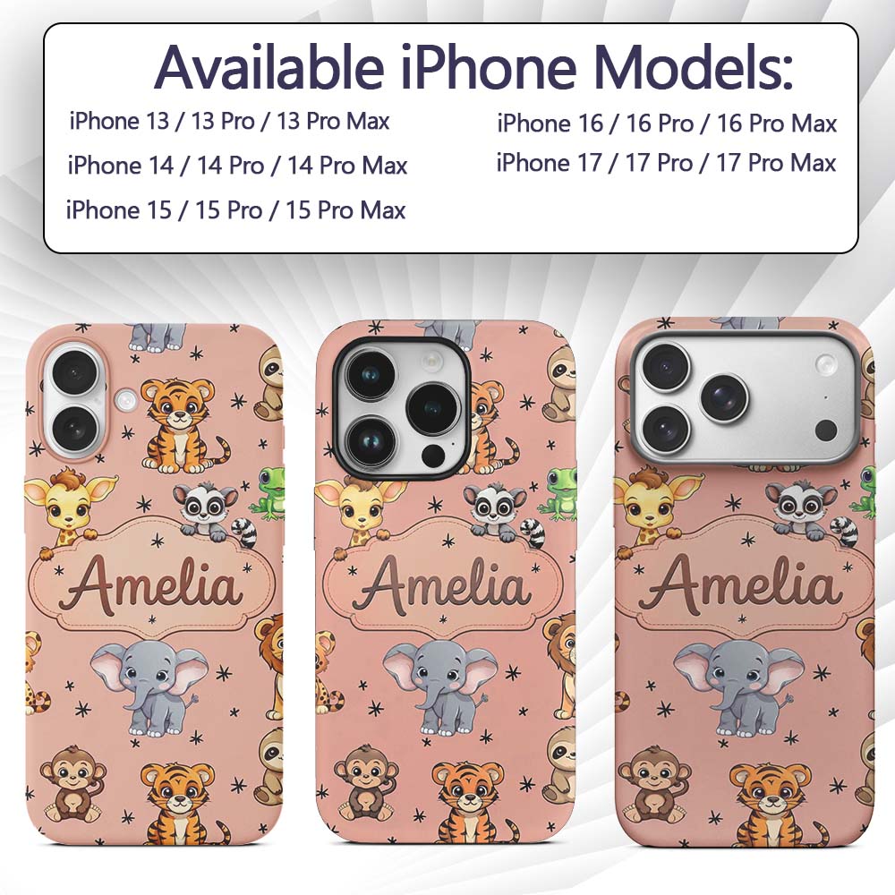 Cute Jungle Baby Animals Lion Tiger Elephant Custom Name Protective Phone Case Mobile Cover Durable Everyday Smartphone Shock Resistant