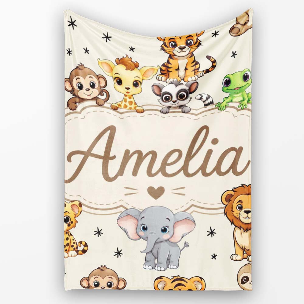Cute Jungle Baby Animals Lion Tiger Elephant Giraffe Pattern Cream  Personalised Custom Name Super Soft Fleece Blanket Bed Sofa Throw