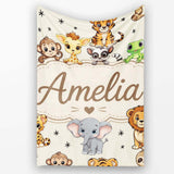 Cute Jungle Baby Animals Lion Tiger Elephant Giraffe Pattern Cream  Personalised Custom Name Super Soft Fleece Blanket Bed Sofa Throw