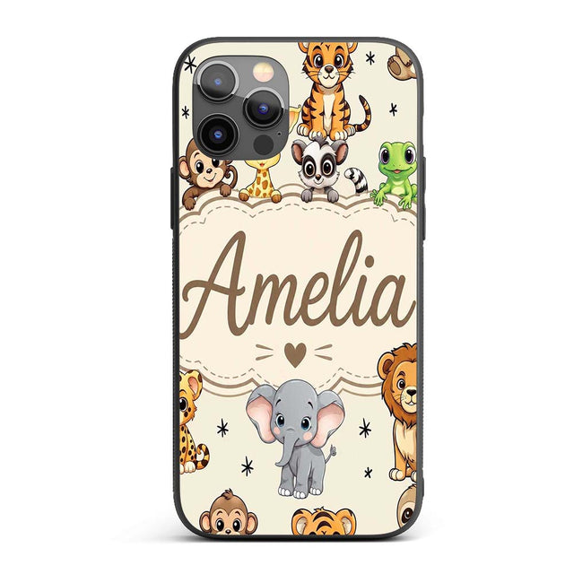 Cute Jungle Baby Animals Lion Tiger Elephant Custom Name Protective Phone Case Mobile Cover Durable Everyday Smartphone Shock Resistant