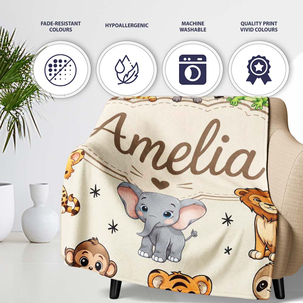 Cute Jungle Baby Animals Lion Tiger Elephant Giraffe Pattern Cream  Personalised Custom Name Super Soft Fleece Blanket Bed Sofa Throw
