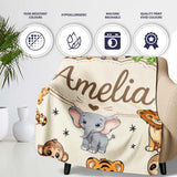 Cute Jungle Baby Animals Lion Tiger Elephant Giraffe Pattern Cream  Personalised Custom Name Super Soft Fleece Blanket Bed Sofa Throw