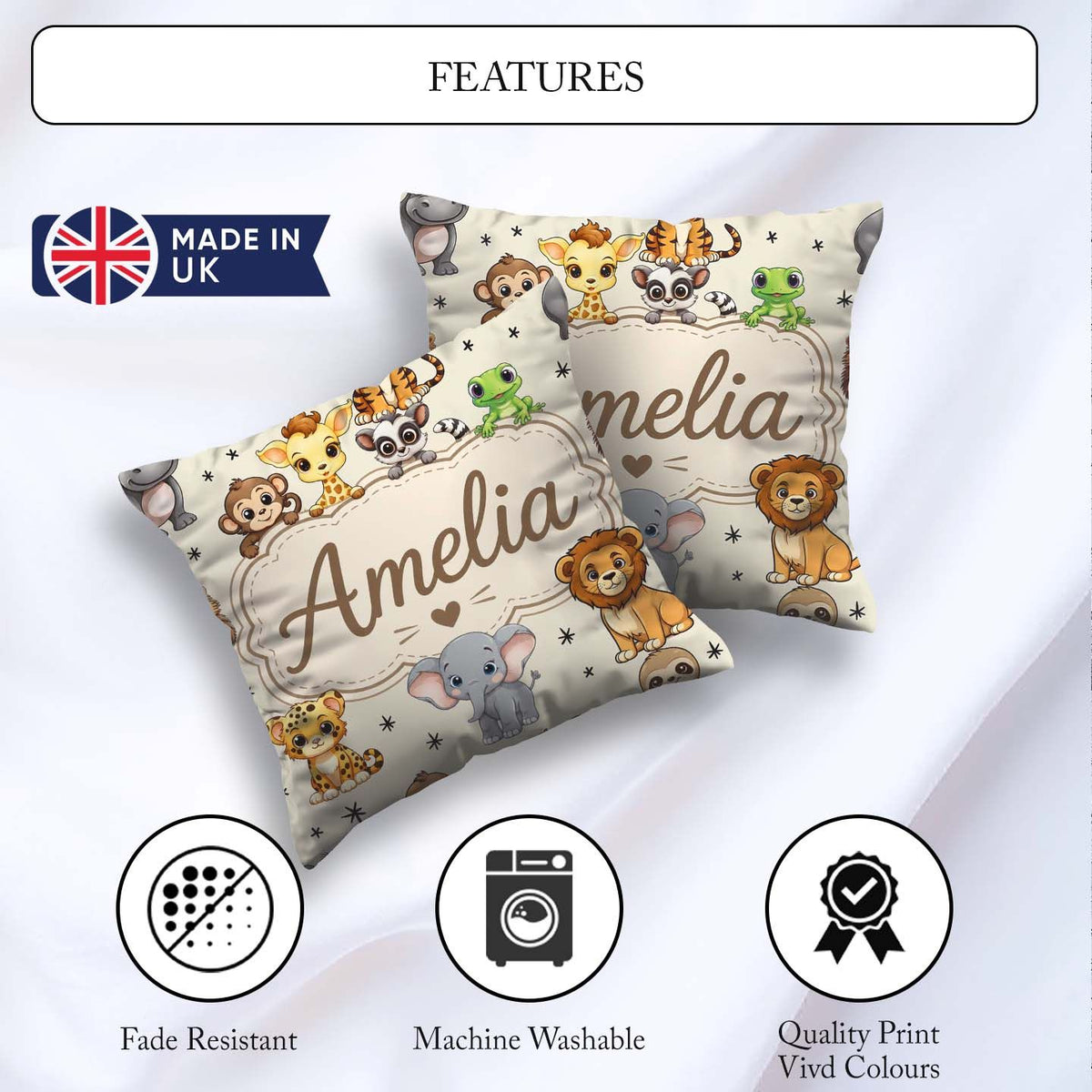 Custom Name Jungle Baby Animals Lion Tiger Giraffe Pattern Cream Square Filled Cushion Throw Pillow Sofa Bed Home Decor Zip Washable UK Made