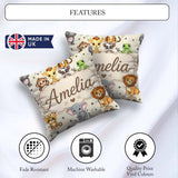 Custom Name Jungle Baby Animals Lion Tiger Giraffe Pattern Cream Square Filled Cushion Throw Pillow Sofa Bed Home Decor Zip Washable UK Made