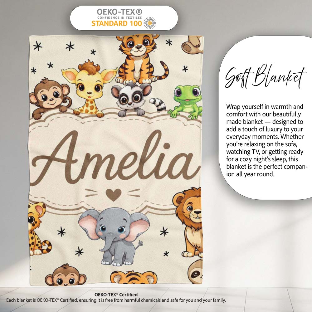 Cute Jungle Baby Animals Lion Tiger Elephant Giraffe Pattern Cream  Personalised Custom Name Super Soft Fleece Blanket Bed Sofa Throw