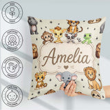 Custom Name Jungle Baby Animals Lion Tiger Giraffe Pattern Cream Square Filled Cushion Throw Pillow Sofa Bed Home Decor Zip Washable UK Made