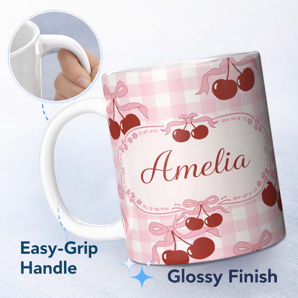 Personalized Custom Name Cherry Bow Ribbon Cute Pink Gingham Soft Check Seamless Pattern 11oz Ceramic Coffee Tea Mug White Large Handle