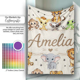 Cute Jungle Baby Animals Lion Tiger Elephant Giraffe Pattern Cream  Personalised Custom Name Super Soft Fleece Blanket Bed Sofa Throw