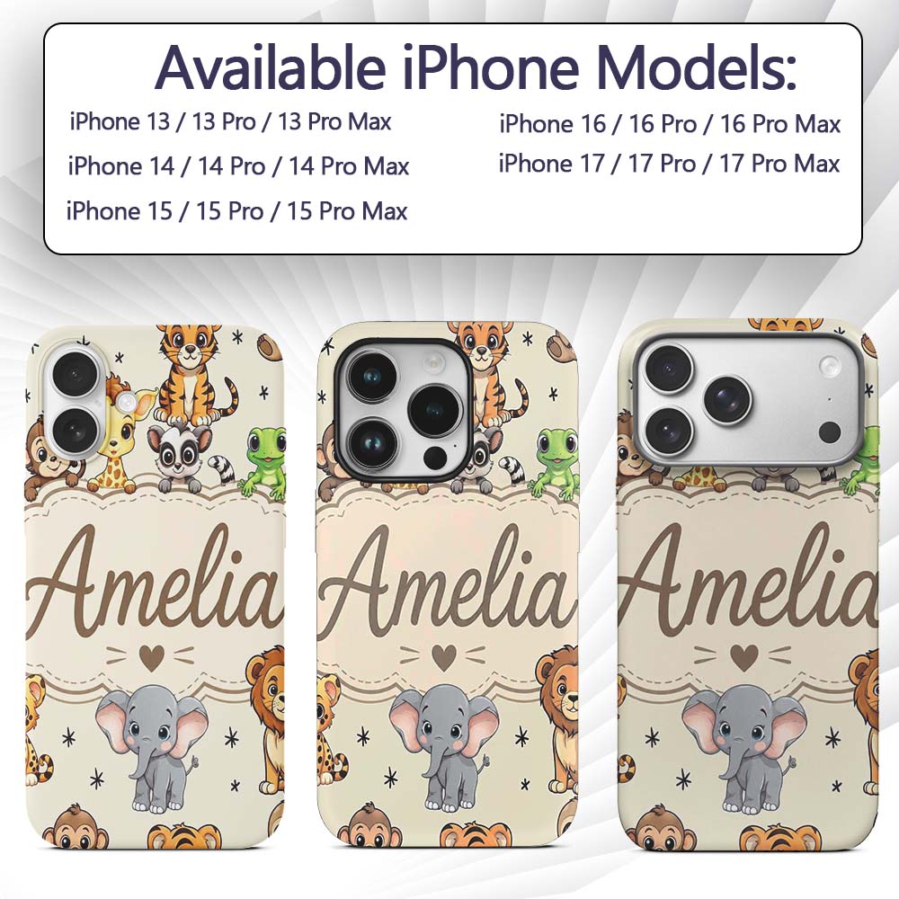Cute Jungle Baby Animals Lion Tiger Elephant Custom Name Protective Phone Case Mobile Cover Durable Everyday Smartphone Shock Resistant