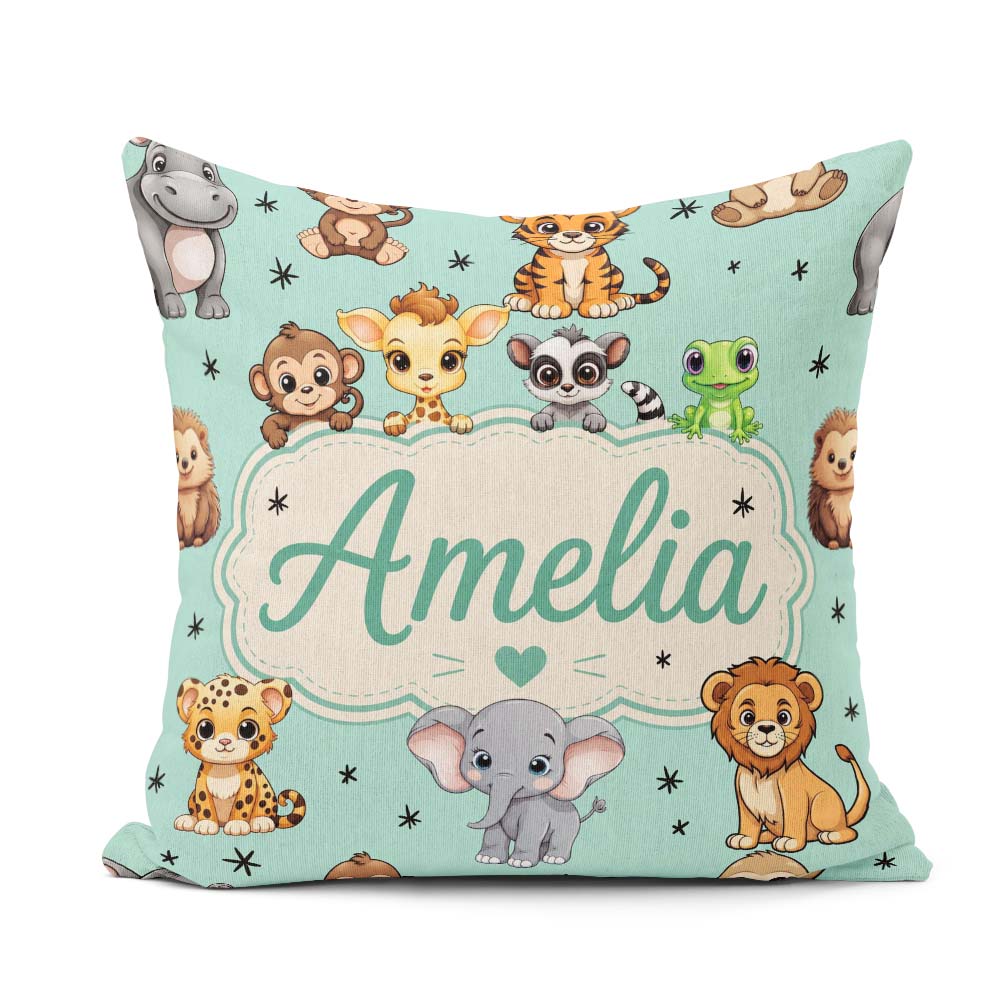 Custom Name Jungle Baby Animals Lion Tiger Elephant Giraffe Mint Square Filled Cushion Throw Pillow Sofa Bed Home Decor Zip Washable UK Made