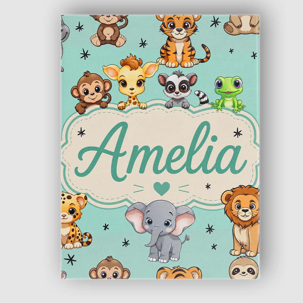 Personalised Name Cute Jungle Baby Animals Custom  Unique Gift Idea Elegant Feature Canvas Wall Art Print Decor Picture Ready to Hang