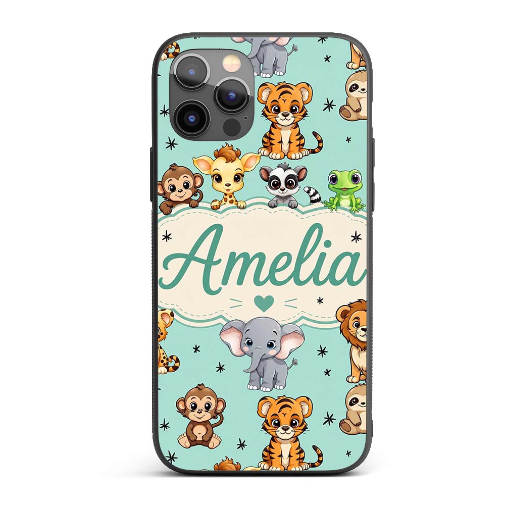 Cute Jungle Baby Animals Lion Tiger Elephant Custom Name Protective Phone Case Mobile Cover Durable Everyday Smartphone Shock Resistant