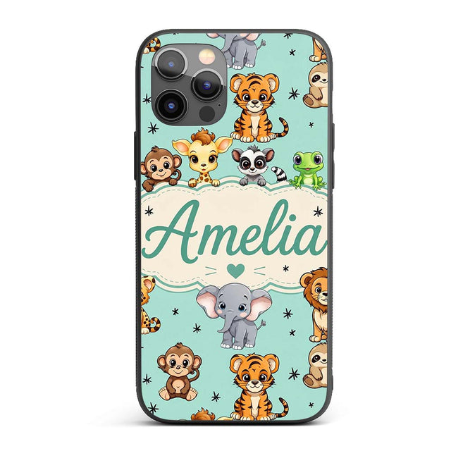 Cute Jungle Baby Animals Lion Tiger Elephant Custom Name Protective Phone Case Mobile Cover Durable Everyday Smartphone Shock Resistant