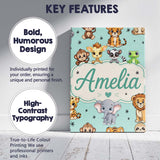 Personalised Name Cute Jungle Baby Animals Custom  Unique Gift Idea Elegant Feature Canvas Wall Art Print Decor Picture Ready to Hang