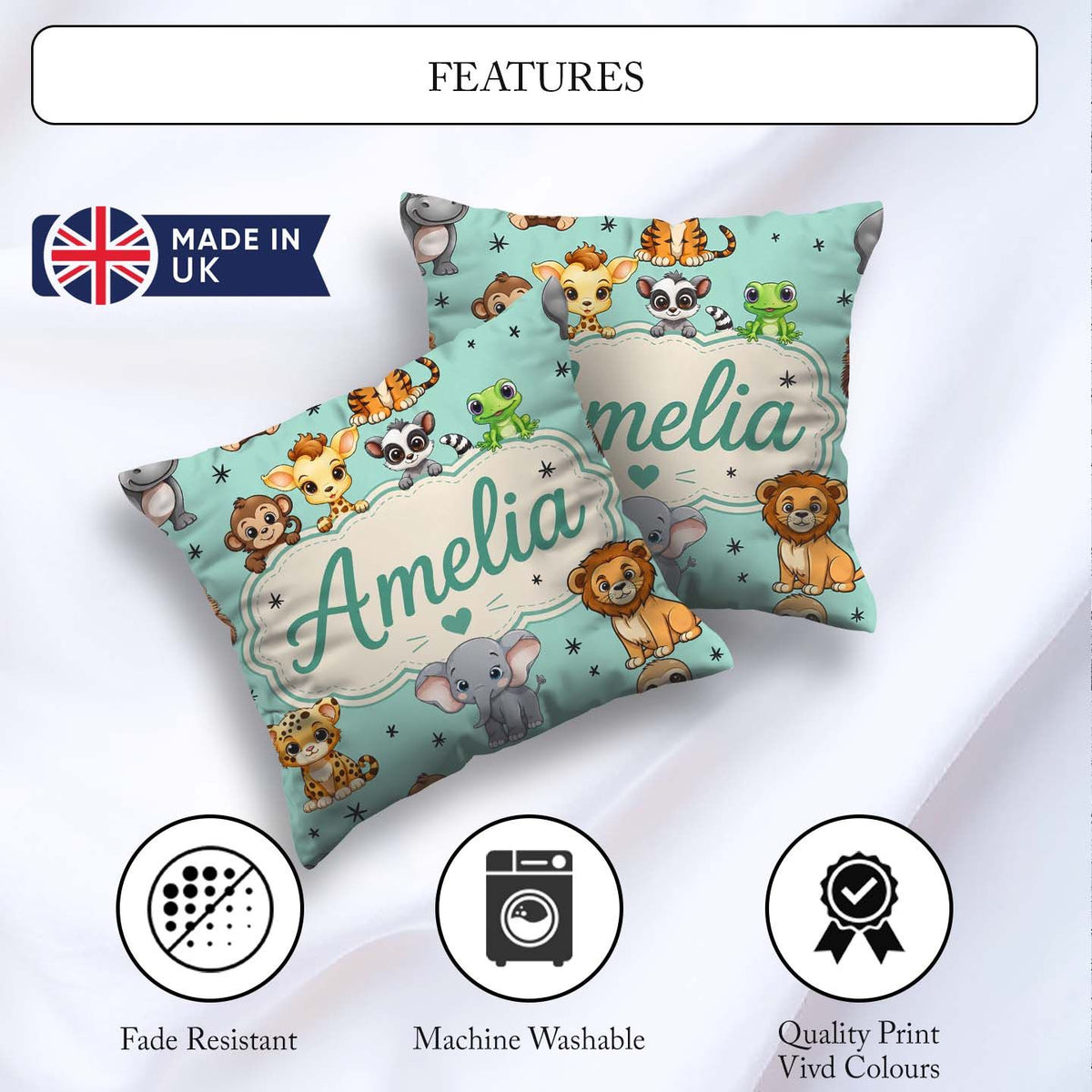 Custom Name Jungle Baby Animals Lion Tiger Elephant Giraffe Mint Square Filled Cushion Throw Pillow Sofa Bed Home Decor Zip Washable UK Made