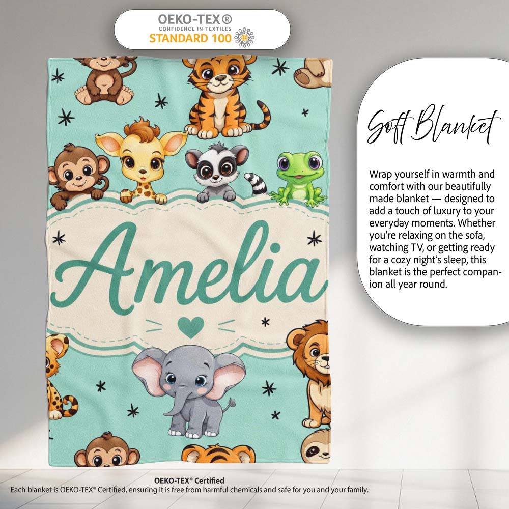 Cute Jungle Baby Animals Lion Tiger Elephant Giraffe Pattern Mint  Personalised Custom Name Super Soft Fleece Blanket Bed Sofa Throw