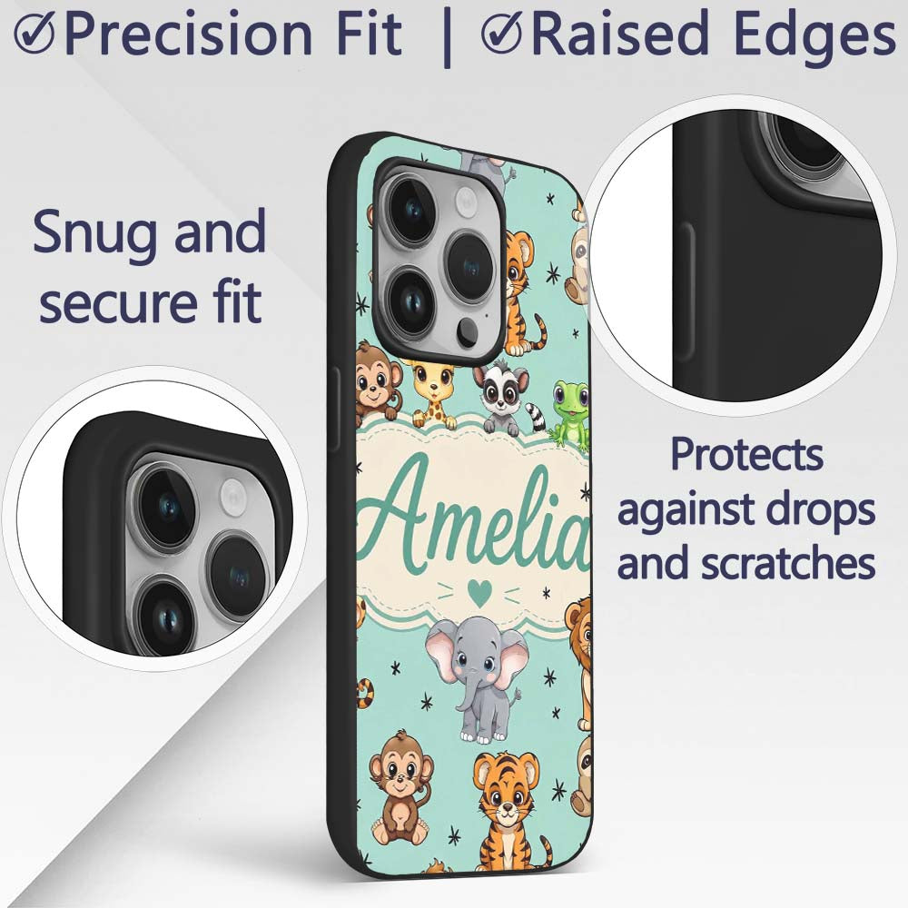 Cute Jungle Baby Animals Lion Tiger Elephant Custom Name Protective Phone Case Mobile Cover Durable Everyday Smartphone Shock Resistant