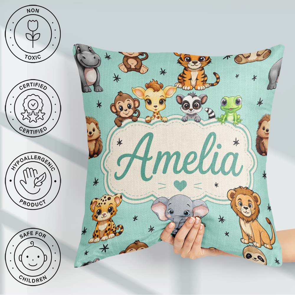 Custom Name Jungle Baby Animals Lion Tiger Elephant Giraffe Mint Square Filled Cushion Throw Pillow Sofa Bed Home Decor Zip Washable UK Made