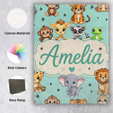 Personalised Name Cute Jungle Baby Animals Custom  Unique Gift Idea Elegant Feature Canvas Wall Art Print Decor Picture Ready to Hang