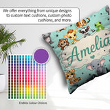 Custom Name Jungle Baby Animals Lion Tiger Elephant Giraffe Mint Square Filled Cushion Throw Pillow Sofa Bed Home Decor Zip Washable UK Made