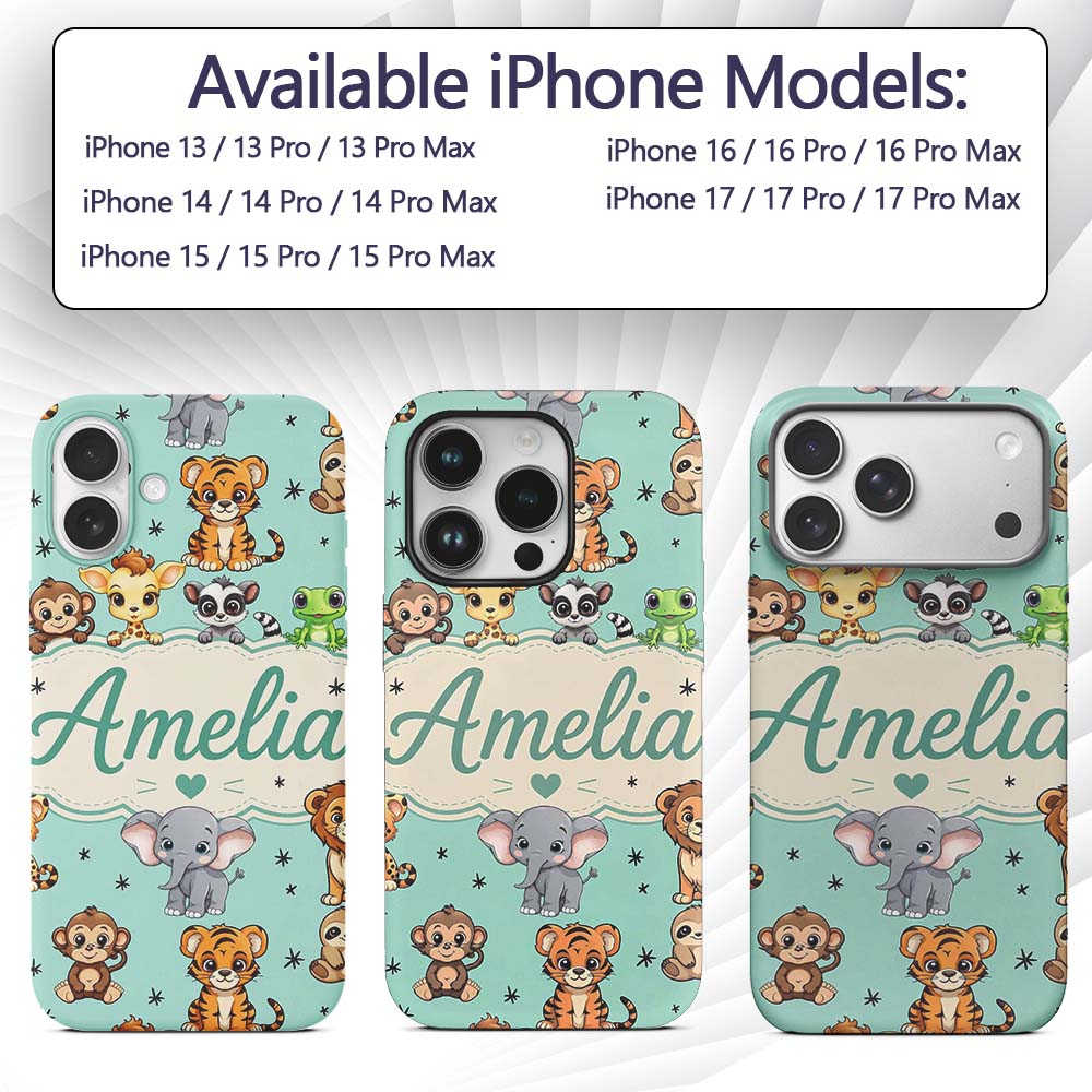 Cute Jungle Baby Animals Lion Tiger Elephant Custom Name Protective Phone Case Mobile Cover Durable Everyday Smartphone Shock Resistant