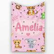 Cute Jungle Baby Animals Lion Tiger Elephant Giraffe Pattern Pink  Personalised Custom Name Super Soft Fleece Blanket Bed Sofa Throw