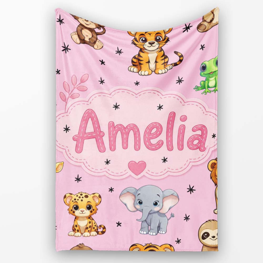 Cute Jungle Baby Animals Lion Tiger Elephant Giraffe Pattern Pink  Personalised Custom Name Super Soft Fleece Blanket Bed Sofa Throw