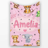 Cute Jungle Baby Animals Lion Tiger Elephant Giraffe Pattern Pink  Personalised Custom Name Super Soft Fleece Blanket Bed Sofa Throw