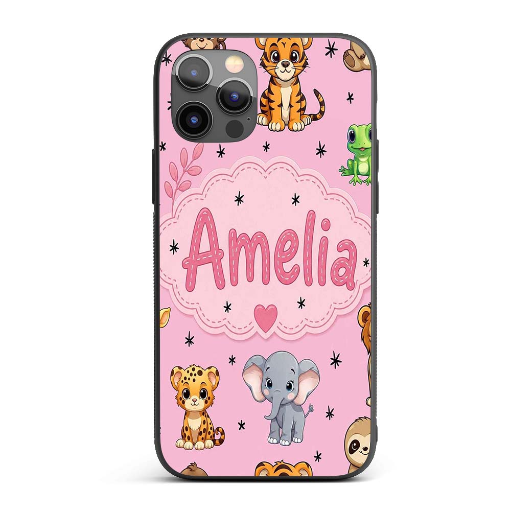 Cute Jungle Baby Animals Lion Tiger Elephant Custom Name Protective Phone Case Mobile Cover Durable Everyday Smartphone Shock Resistant