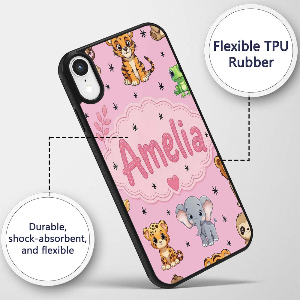 Cute Jungle Baby Animals Lion Tiger Elephant Custom Name Protective Phone Case Mobile Cover Durable Everyday Smartphone Shock Resistant