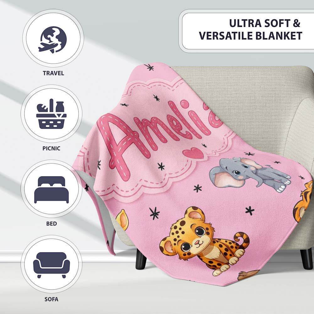 Cute Jungle Baby Animals Lion Tiger Elephant Giraffe Pattern Pink  Personalised Custom Name Super Soft Fleece Blanket Bed Sofa Throw