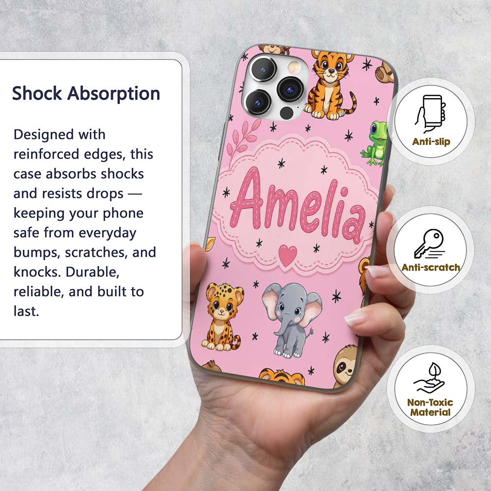 Cute Jungle Baby Animals Lion Tiger Elephant Custom Name Protective Phone Case Mobile Cover Durable Everyday Smartphone Shock Resistant