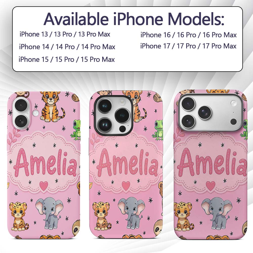 Cute Jungle Baby Animals Lion Tiger Elephant Custom Name Protective Phone Case Mobile Cover Durable Everyday Smartphone Shock Resistant