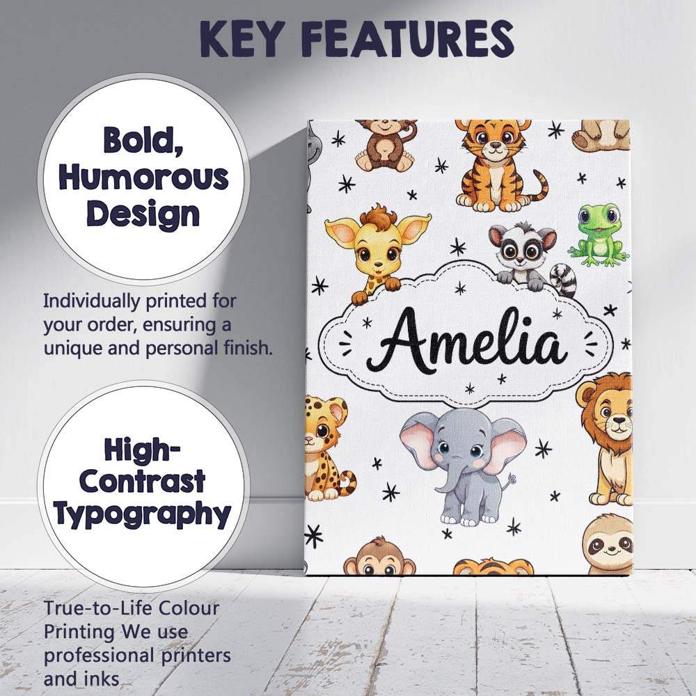 Personalised Name Cute Jungle Baby Animals Custom  Unique Gift Idea Elegant Feature Canvas Wall Art Print Decor Picture Ready to Hang
