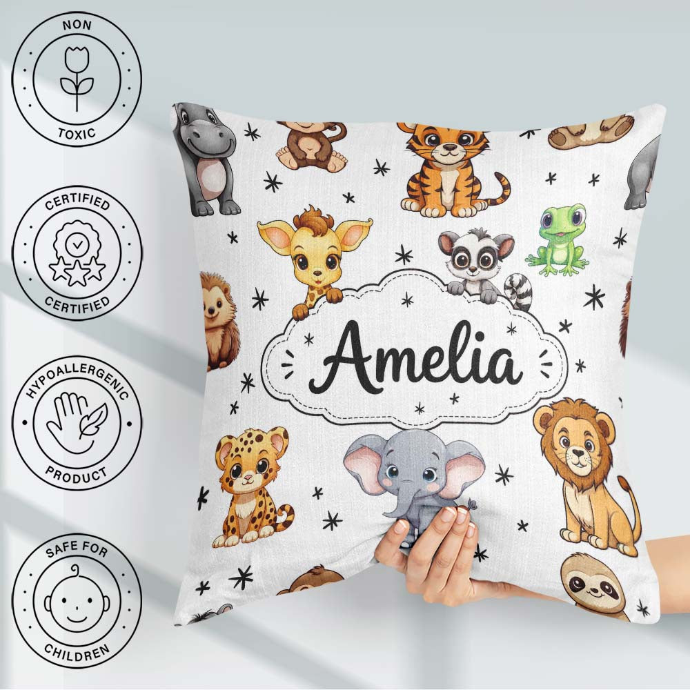 Custom Name Jungle Baby Animals Lion Tiger Elephant Giraffe Grey Square Filled Cushion Throw Pillow Sofa Bed Home Decor Zip Washable UK Made