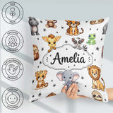 Custom Name Jungle Baby Animals Lion Tiger Elephant Giraffe Grey Square Filled Cushion Throw Pillow Sofa Bed Home Decor Zip Washable UK Made