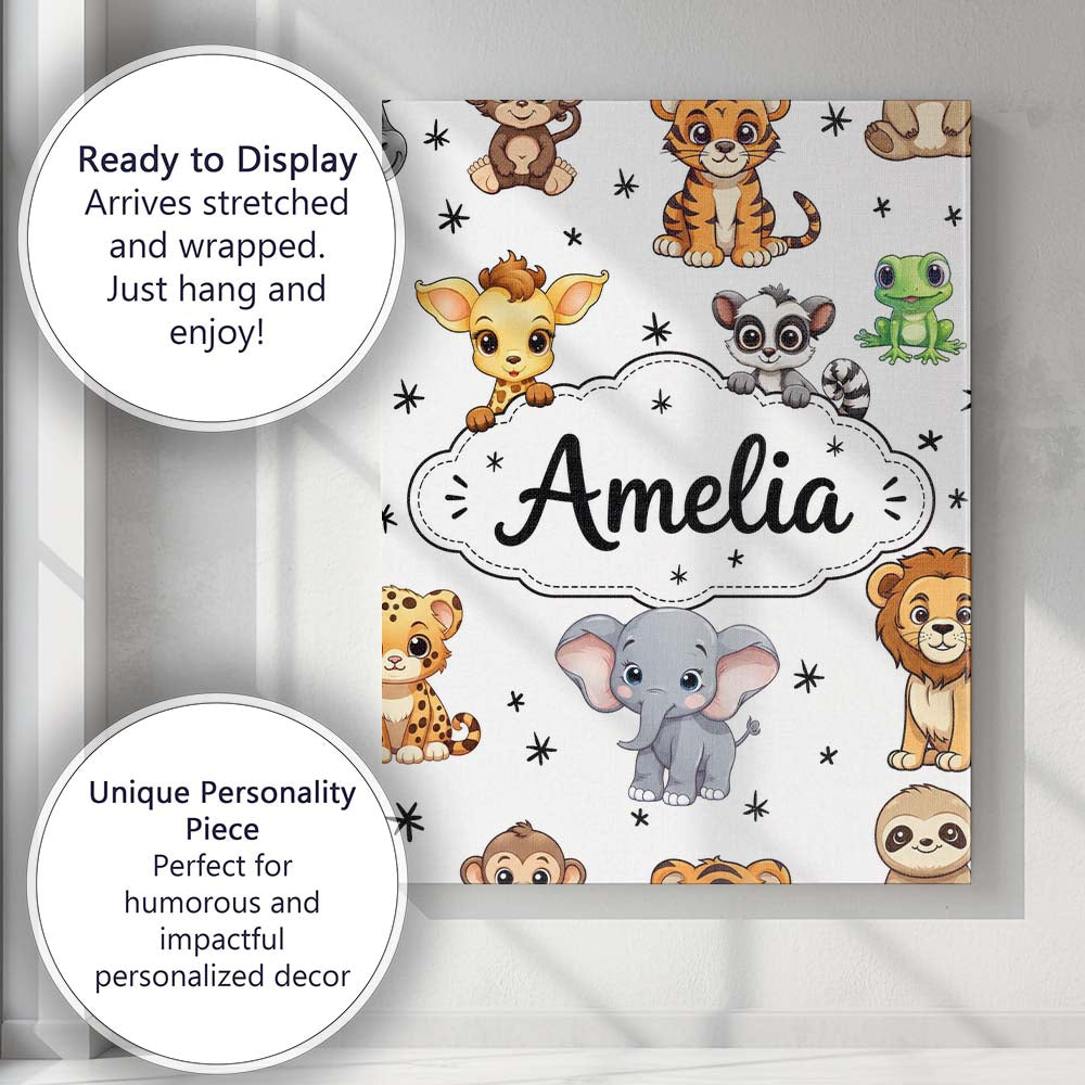 Personalised Name Cute Jungle Baby Animals Custom  Unique Gift Idea Elegant Feature Canvas Wall Art Print Decor Picture Ready to Hang