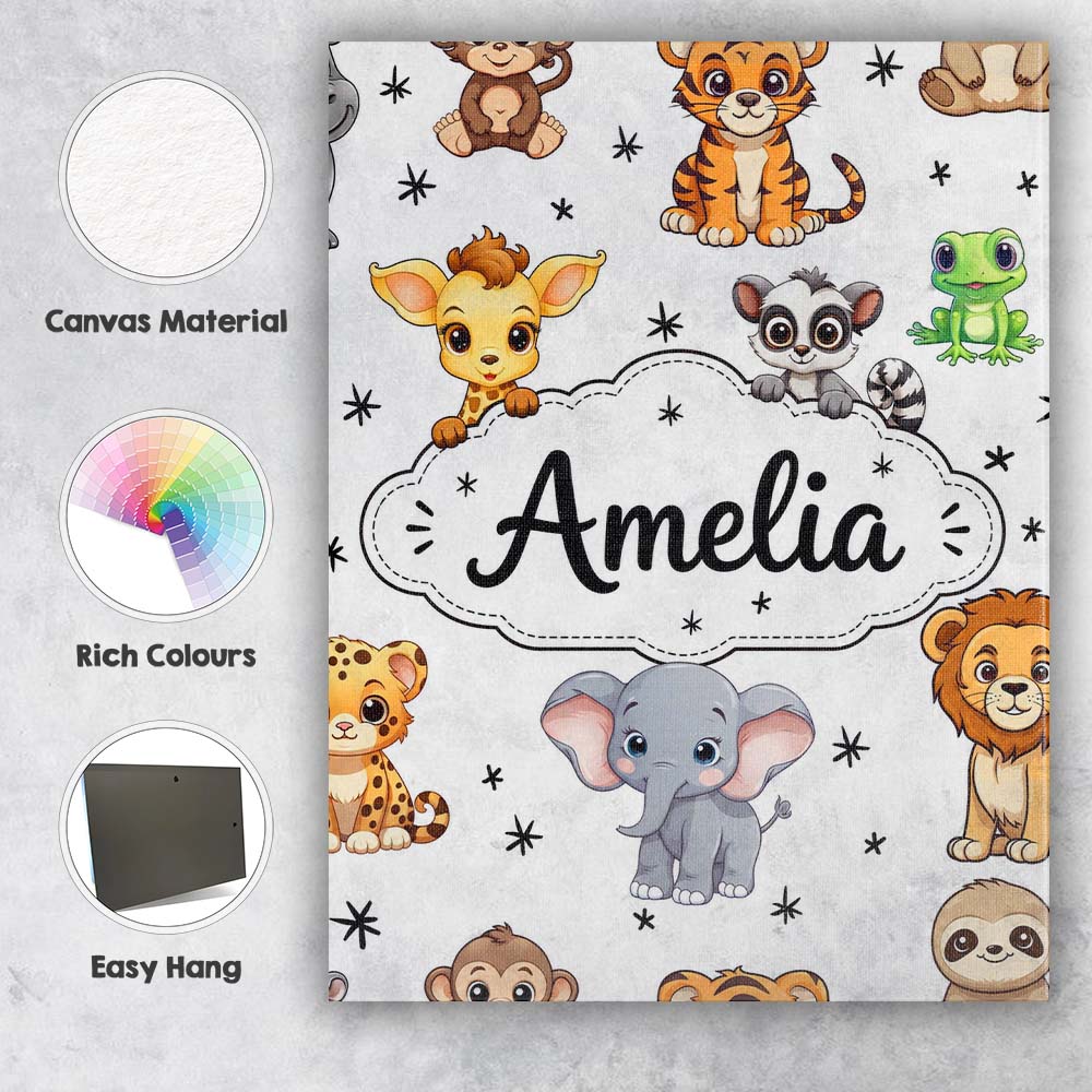 Personalised Name Cute Jungle Baby Animals Custom  Unique Gift Idea Elegant Feature Canvas Wall Art Print Decor Picture Ready to Hang